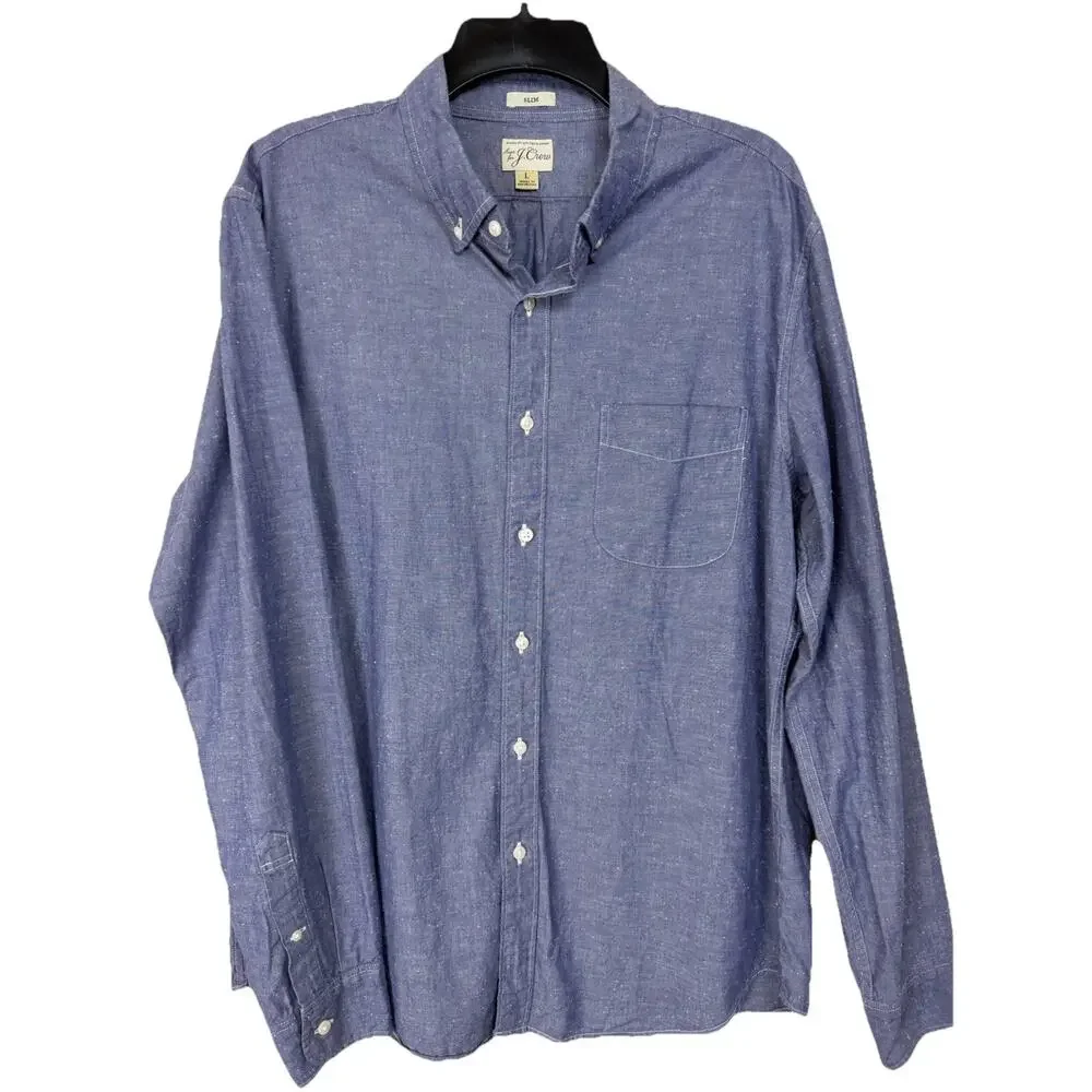 J.Crew Men s Blue Denim Shirt Large Slim Fit Long Sleeves Button Up‎ 100% Cotton